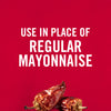 ['White text on a red background says Use in place of regular mayonnaise with two dried red peppers at the bottom.']