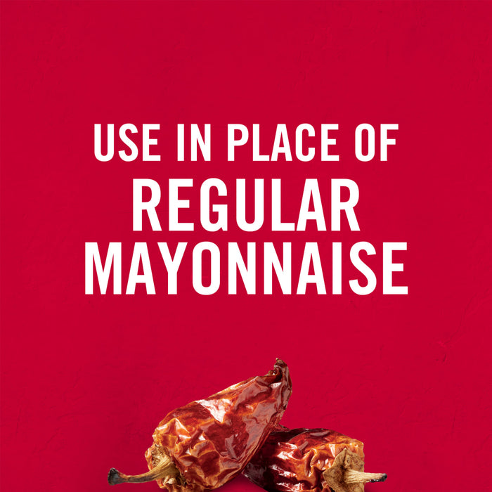['White text on a red background says Use in place of regular mayonnaise with two dried red peppers at the bottom.']