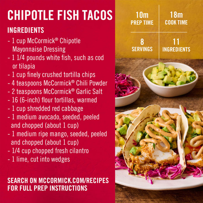 ['A plate of McCormick Chipotle Fish Tacos with ingredients listed on the left.']