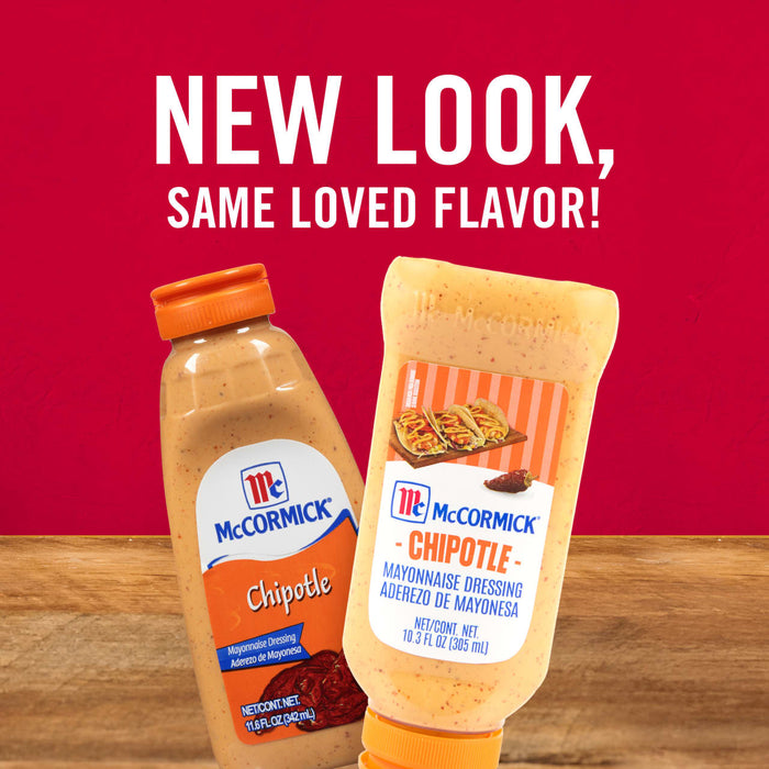 ['Two bottles of McCormick Chipotle Mayonnaise Dressing, one in a glass bottle and one in a plastic squeeze bottle.']