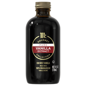 A bottle of McCormick Gourmet Pure Vanilla Extract.