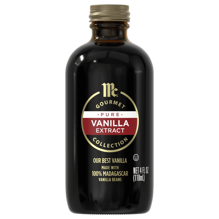 A bottle of McCormick Gourmet Pure Vanilla Extract.