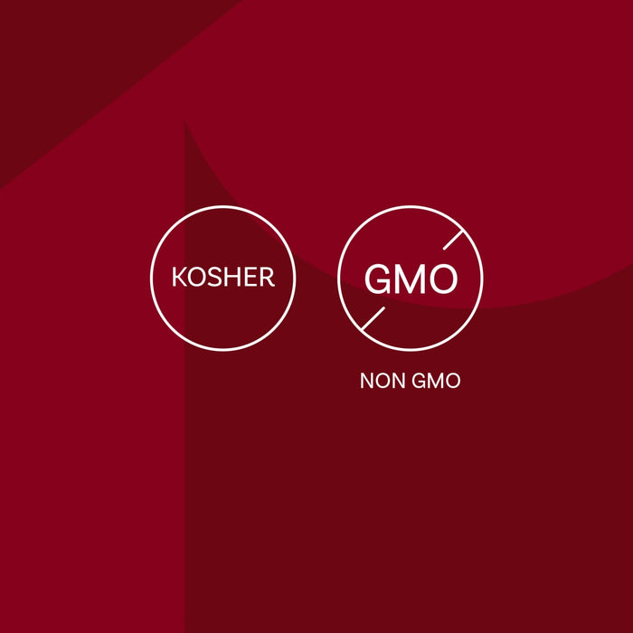 The image displays Kosher and Non-GMO certifications.