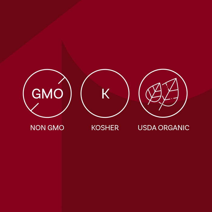 The image displays three certification icons: Non-GMO, Kosher, and USDA Organic.