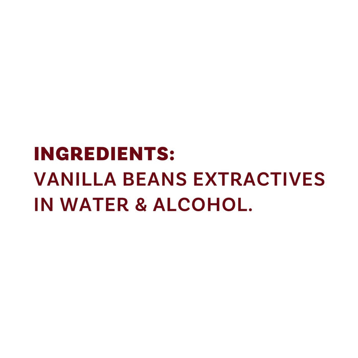 The image shows the ingredients list for vanilla extract, which includes vanilla bean extractives in water and alcohol.