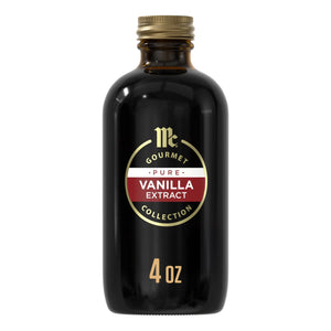 A bottle of McCormick Gourmet Pure Vanilla Extract.