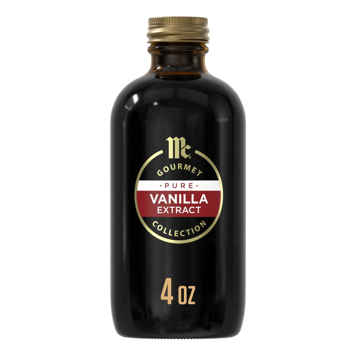A bottle of McCormick Gourmet Pure Vanilla Extract.