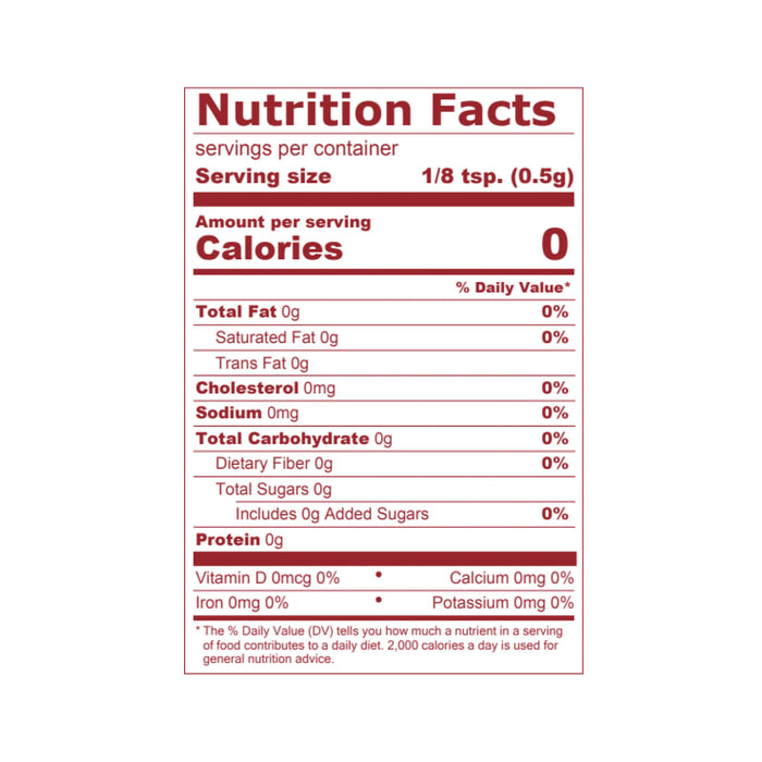 Nutrition facts label showing zero calories per serving.