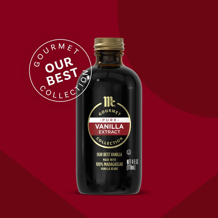 A bottle of McCormick Gourmet Pure Vanilla Extract, part of their Our Best Collection.