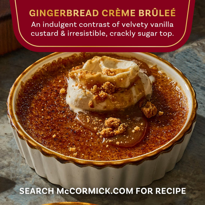 McCormick Gingerbread Crème Brûlée features a velvety vanilla custard with a crackly sugar top, topped with whipped cream and gingerbread crumbles.