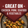 A plate of grilled chicken, pork, seafood, and vegetable skewers with the text - SHAKE ON - CHICKEN, PORK, SEAFOOD &amp; VEGETABLES on a maroon banner.