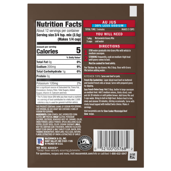 A package of Mccormick Au Jus Gravy Seasoning Mix 30% Less Sodium 1 Oz, displaying its nutrition facts, ingredients, and cooking instructions.