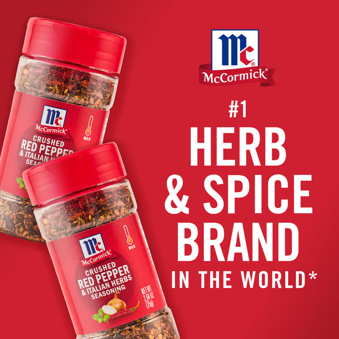 ['Two McCormick Crushed Red Pepper &amp; Italian Herbs Seasoning jars on a red background with the text #1 Herb &amp; Spice Brand in the World.']
