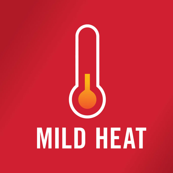 ['A white thermometer with a yellow bulb on a red background with the text Mild Heat underneath.']