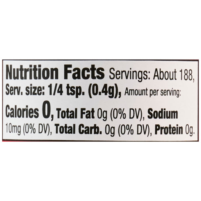['Nutrition facts for a 1/4 teaspoon serving of the product.']