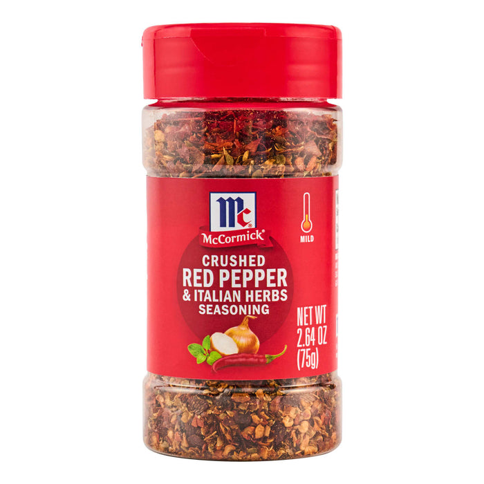 ['A bottle of McCormick Crushed Red Pepper &amp; Italian Herbs Seasoning.']