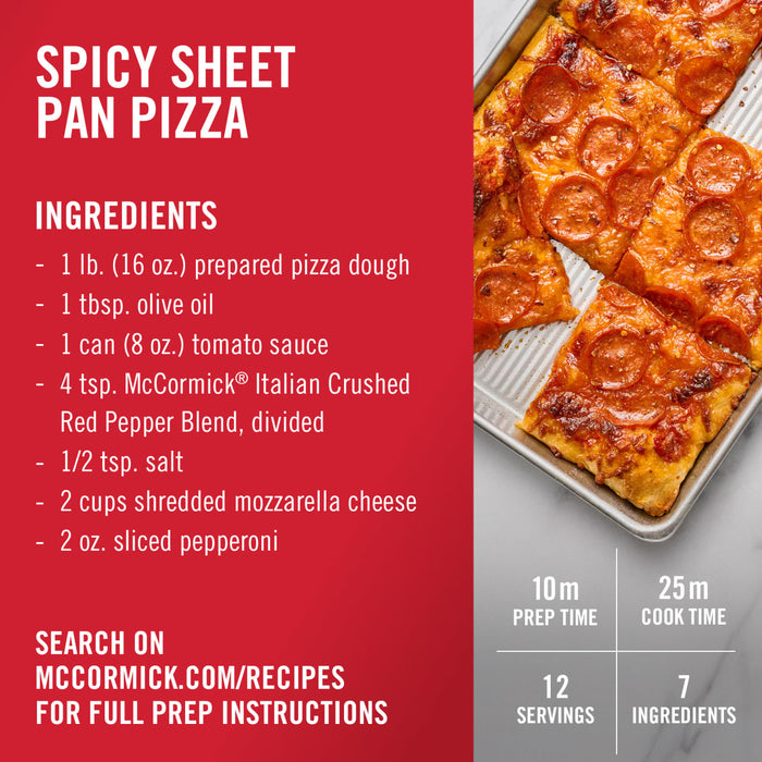 ['A recipe for Spicy Sheet Pan Pizza with ingredients and instructions from McCormick.']