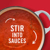 ["A pot of red sauce with the words 'Stir into sauces' written on top."]