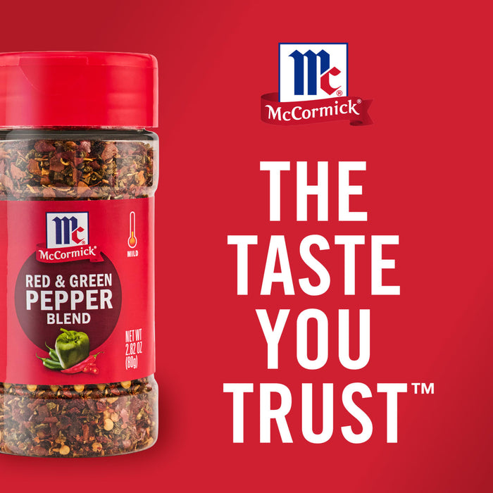 ['A McCormick Red &amp; Green Pepper Blend spice jar with a red background and the text The Taste You Trust ']