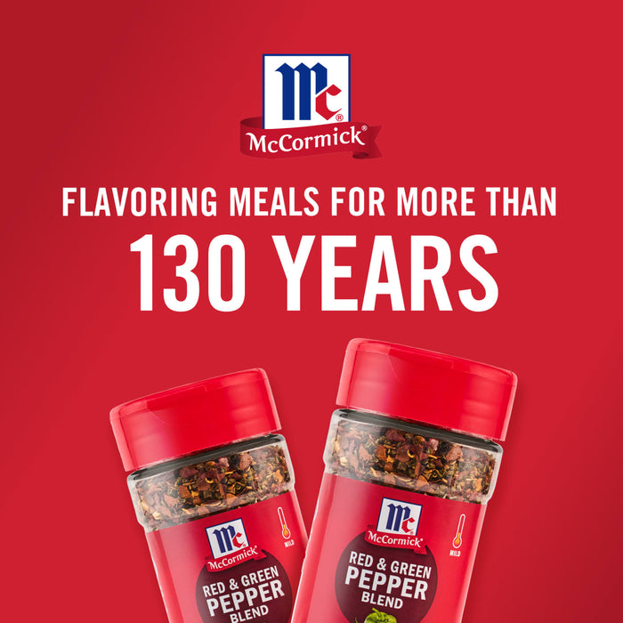 ['Two McCormick Red &amp; Green Pepper Blend spice jars on a red background with the text Flavoring meals for more than 130 years.']