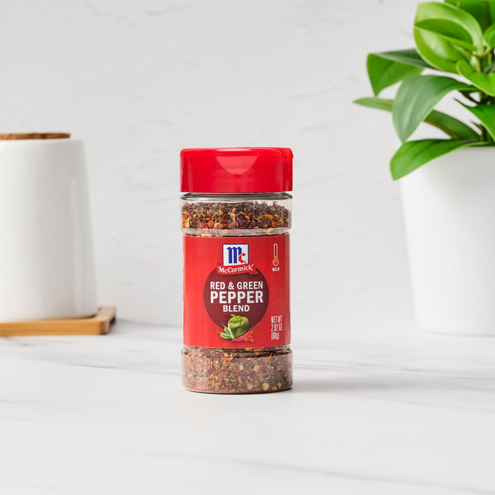 ['A jar of McCormick Red &amp; Green Pepper Blend.']