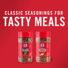 ['Two McCormick spice jars, one with red and green pepper blend and the other with crushed red pepper and Italian herbs seasoning.']