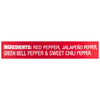 ['A red label with white text listing the ingredients of a pepper sauce.']
