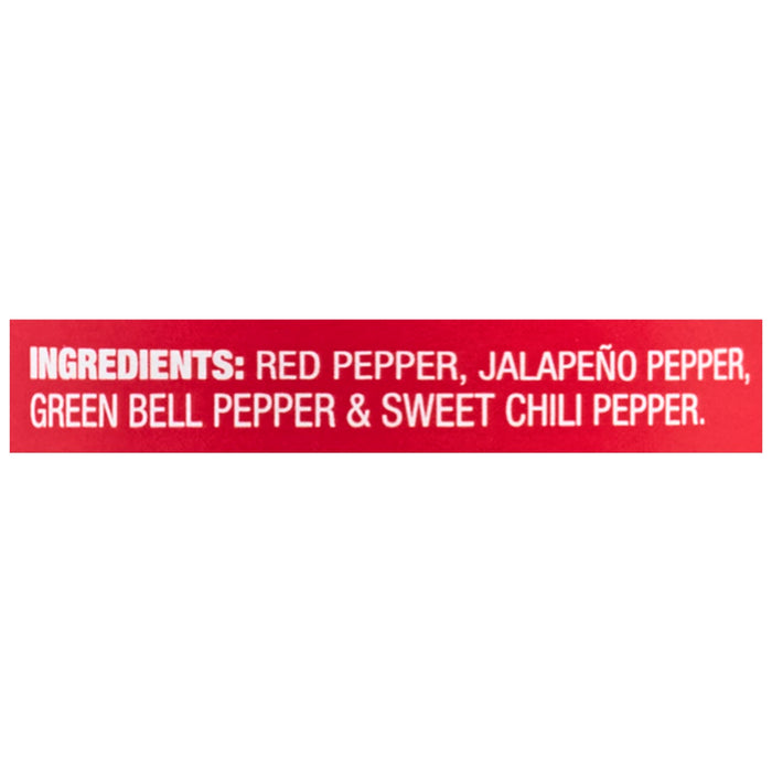 ['A red label with white text listing the ingredients of a pepper sauce.']