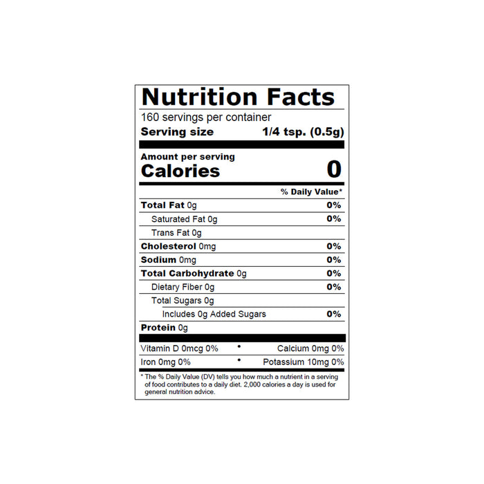 ['Nutrition facts label for a product with 0 calories per serving.']