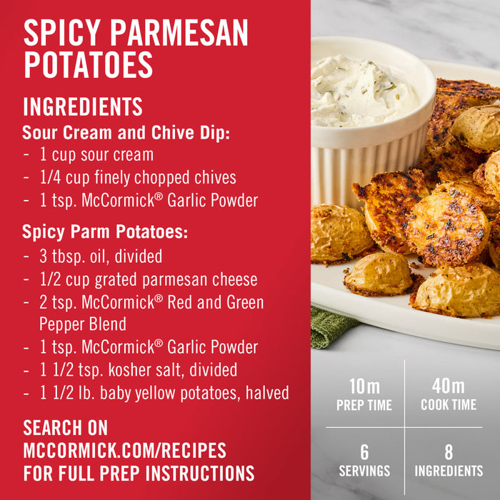 ['A recipe for Spicy Parmesan Potatoes with a sour cream and chive dip, featuring McCormick spices.']
