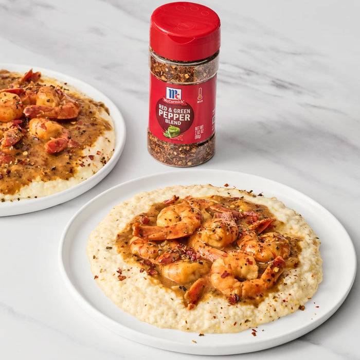 ['A plate of shrimp and grits with McCormick Red &amp; Green Pepper Blend.']