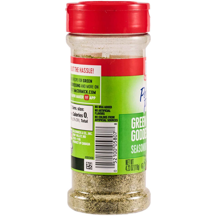 ['A container of McCormick Green Goddess Seasoning is shown.']