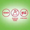 The image shows three red circular icons indicating the product is Kosher, has no artificial colors or flavors, and has no MSG added.