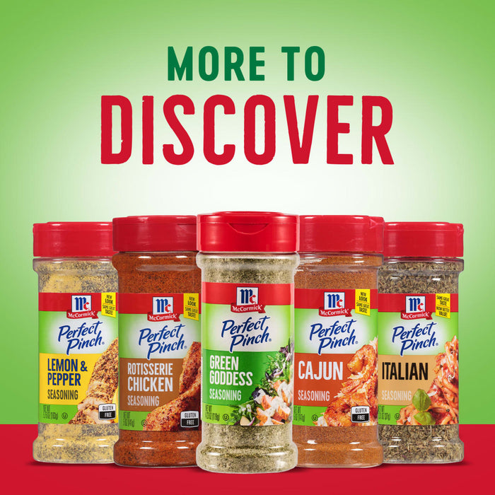 Five jars of McCormick Perfect Pinch seasoning on a green and red background with text 'More to Discover'.