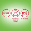 The image shows three circular icons indicating the product is Kosher, has no artificial colors or flavors, and has no MSG added.