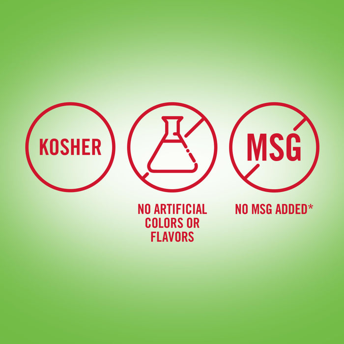 The image shows three circular icons indicating the product is Kosher, has no artificial colors or flavors, and has no MSG added.