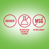 The image shows three circular icons indicating the product is Kosher, has no artificial colors or flavors, and has no MSG added.