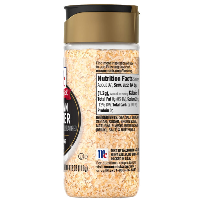 A McCormick Limited Edition Brown Butter Seasoning bottle with nutrition facts and ingredients listed on the label.