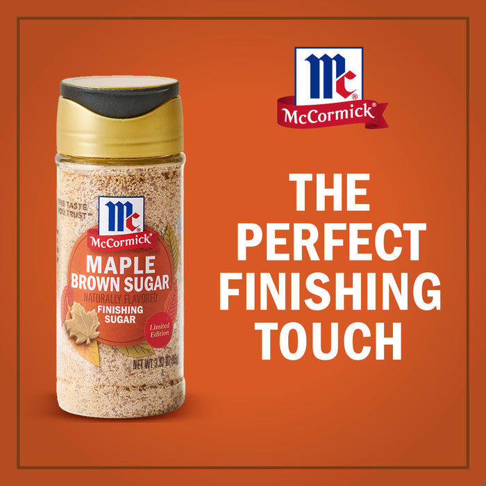 A bottle of McCormick Maple Brown Sugar is displayed, highlighting its use as the perfect finishing touch.