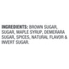 The image shows a list of ingredients including brown sugar, sugar, maple syrup, demerara sugar, spices, natural flavor, and invert sugar.