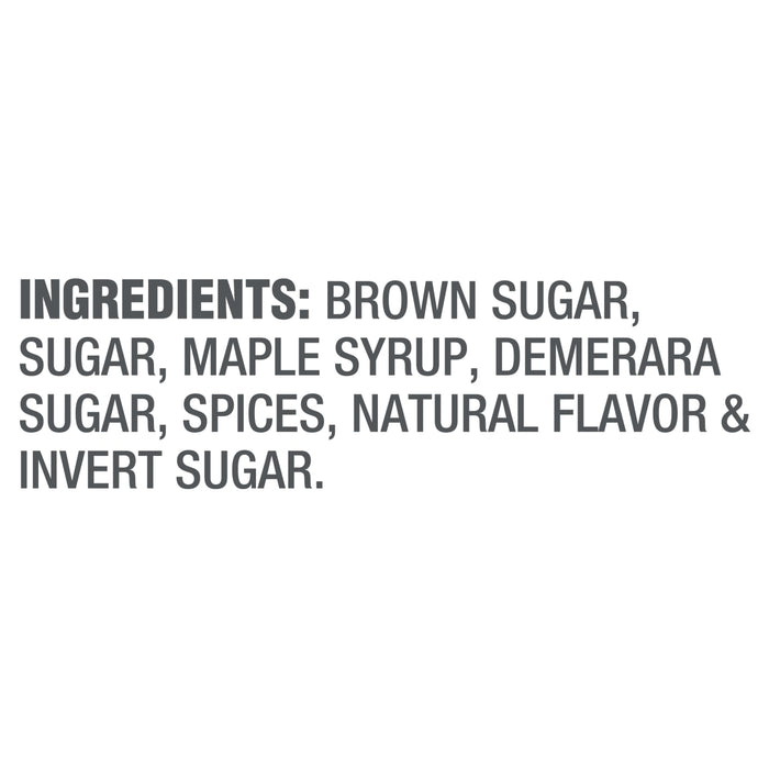 The image shows a list of ingredients including brown sugar, sugar, maple syrup, demerara sugar, spices, natural flavor, and invert sugar.