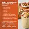 McCormick Maple Brown Sugar Overnight Oats recipe with ingredients and a finished jar of oats topped with fruit and nuts.