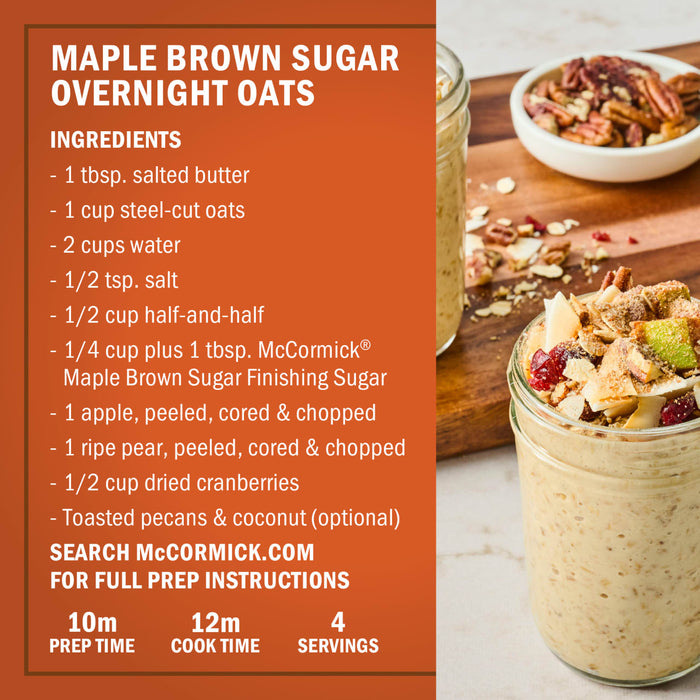 McCormick Maple Brown Sugar Overnight Oats recipe with ingredients and a finished jar of oats topped with fruit and nuts.
