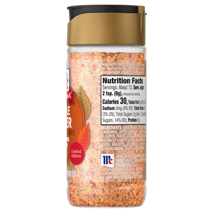 A container of McCormick Perfect Pinch Salad Supreme Seasoning is shown, highlighting its nutritional information.