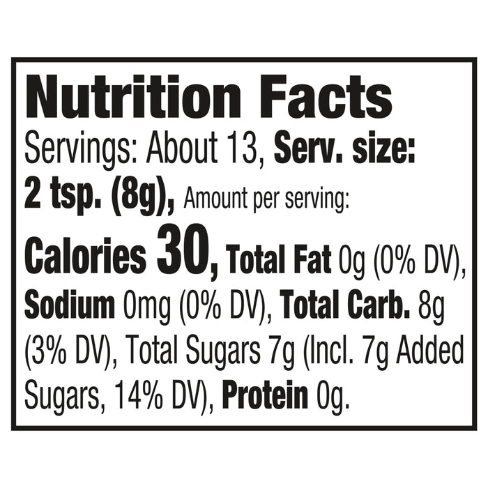 This is a nutrition facts label showing that a serving size of 2 tsp (8g) contains 30 calories, 0g of fat, 0mg of sodium, 8g of carbohydrates, 7g of total sugars (including 7g of added sugars), and 0g of protein.
