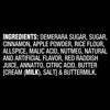 The image shows a list of ingredients including demerara sugar, sugar, cinnamon, apple powder, rice flour, allspice, malic acid, nutmeg, natural and artificial flavor, red radish juice, annatto, citric acid, butter, and buttermilk.