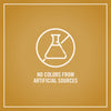 An infographic for Mccormick Pumpkin Spice Finishing Sugar Edible Cake Decoration 3.66 Oz featuring a white icon of a beaker with a line through it and the text NO COLORS FROM ARTIFICIAL SOURCES on a gold background.