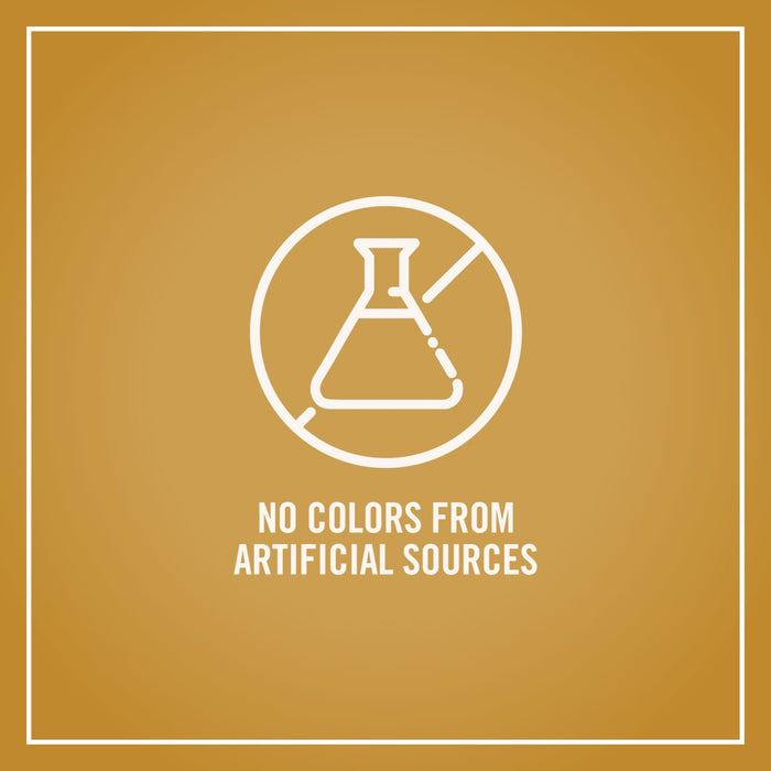 An infographic for Mccormick Pumpkin Spice Finishing Sugar Edible Cake Decoration 3.66 Oz featuring a white icon of a beaker with a line through it and the text NO COLORS FROM ARTIFICIAL SOURCES on a gold background.