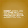 A graphic listing the ingredients for Mccormick Pumpkin Spice Finishing Sugar Edible Cake Decoration 3.66 Oz which include demerara sugar, pumpkin powder, cinnamon, and other spices.