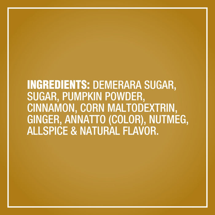 A graphic listing the ingredients for Mccormick Pumpkin Spice Finishing Sugar Edible Cake Decoration 3.66 Oz which include demerara sugar, pumpkin powder, cinnamon, and other spices.
